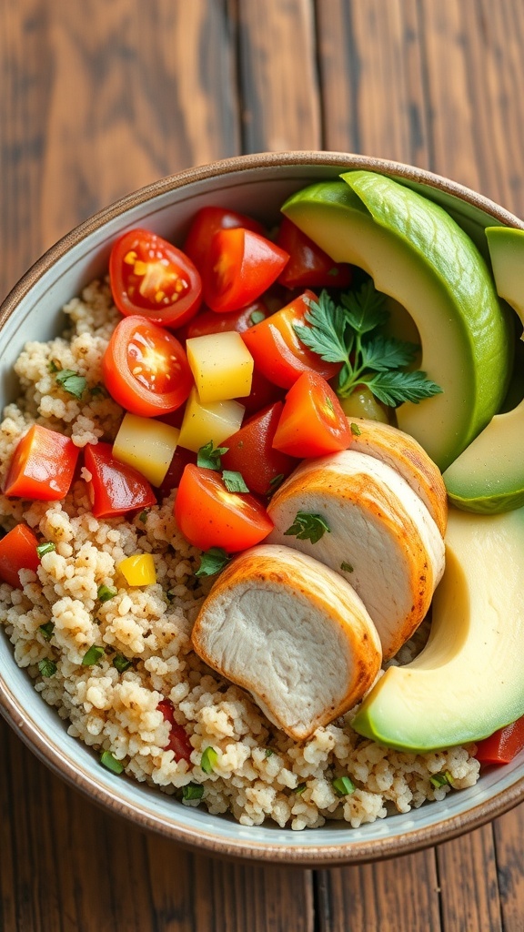 A healthy quinoa chicken bowl with grilled chicken, cherry tomatoes, cucumber, bell pepper, and avocado on a wooden table.